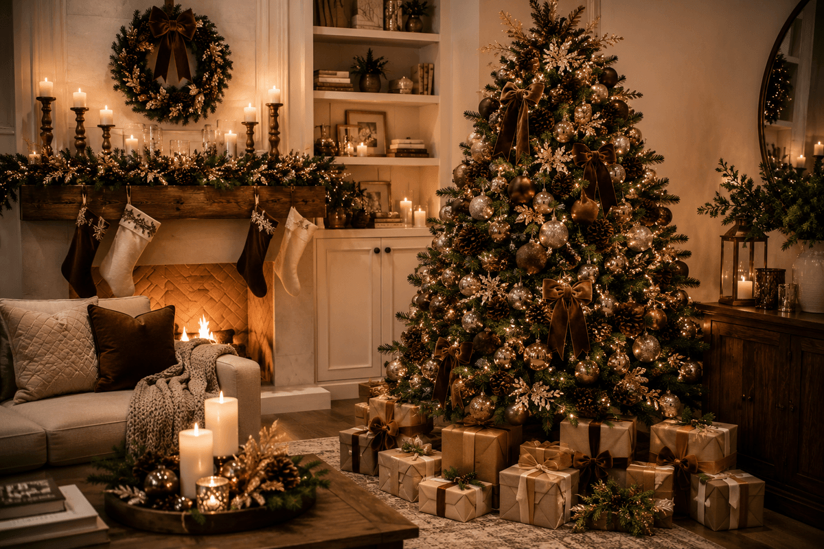 Sala de estar sofisticada com árvore decorada em marrom chocolate, champanhe e verde-pinho, presentes coordenados, folhagens naturais, madeira e iluminação quente.