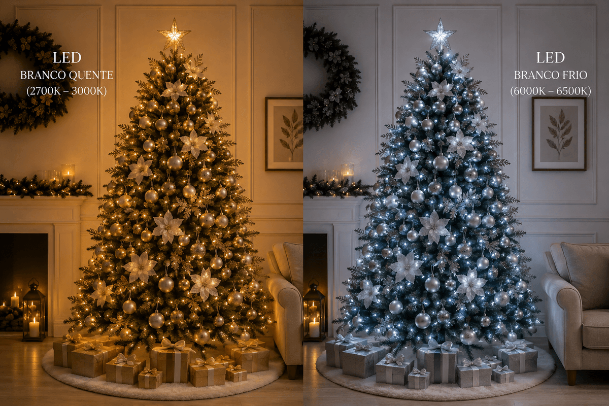 Comparação visual de duas árvores de Natal semelhantes, uma iluminada com LED branco quente e outra com LED branco frio, destacando as diferenças de tonalidade.