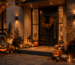 Fachada moderna decorada com abóboras iluminadas, lanternas, folhas secas, guirlanda temática e iluminação cênica acolhedora.