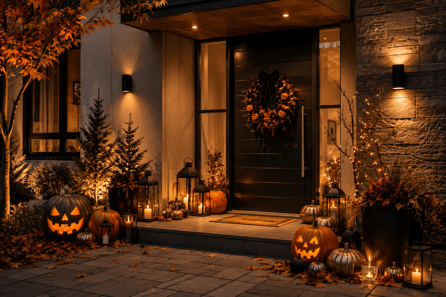 Fachada moderna decorada com abóboras iluminadas, lanternas, folhas secas, guirlanda temática e iluminação cênica acolhedora.