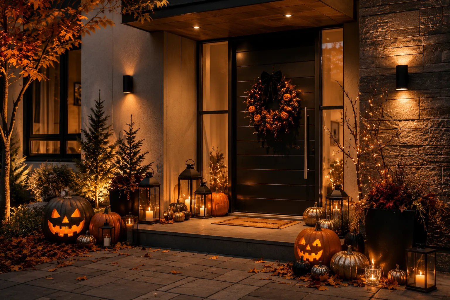 Fachada moderna decorada com abóboras iluminadas, lanternas, folhas secas, guirlanda temática e iluminação cênica acolhedora.