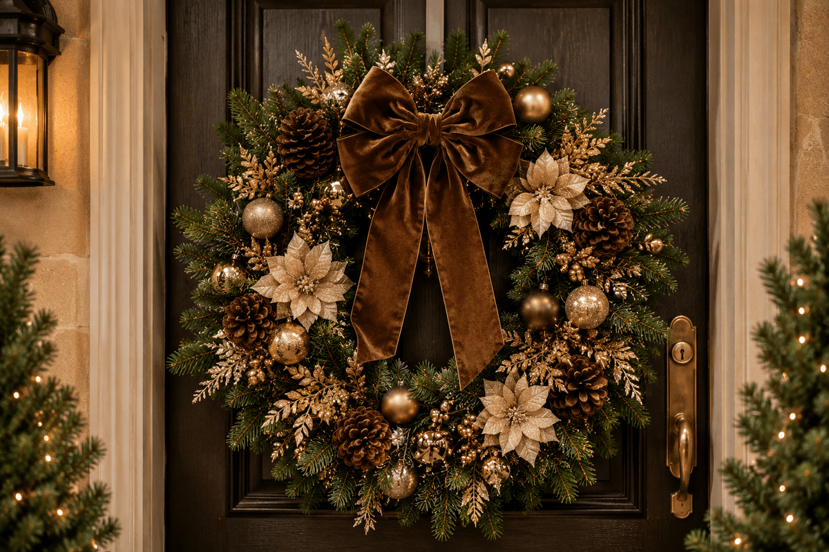 Guirlanda sofisticada com folhagens verdes, pinhas, laços de veludo marrom, flores champanhe e pequenos detalhes dourados, pendurada em uma porta elegante.