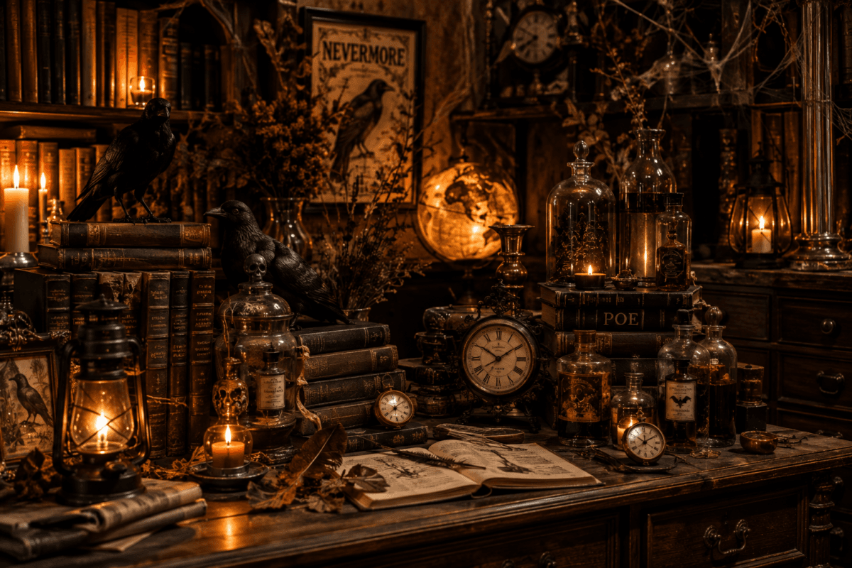 Ambiente retrô com livros antigos, relógios vintage, corvos decorativos, frascos de laboratório e iluminação âmbar, criando uma atmosfera cinematográfica.