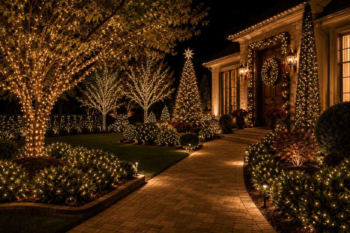 Jardim residencial decorado para o Natal à noite, com árvores iluminadas por micro LEDs branco quente, arbustos com pontos de luz, caminho iluminado e fachada decorada