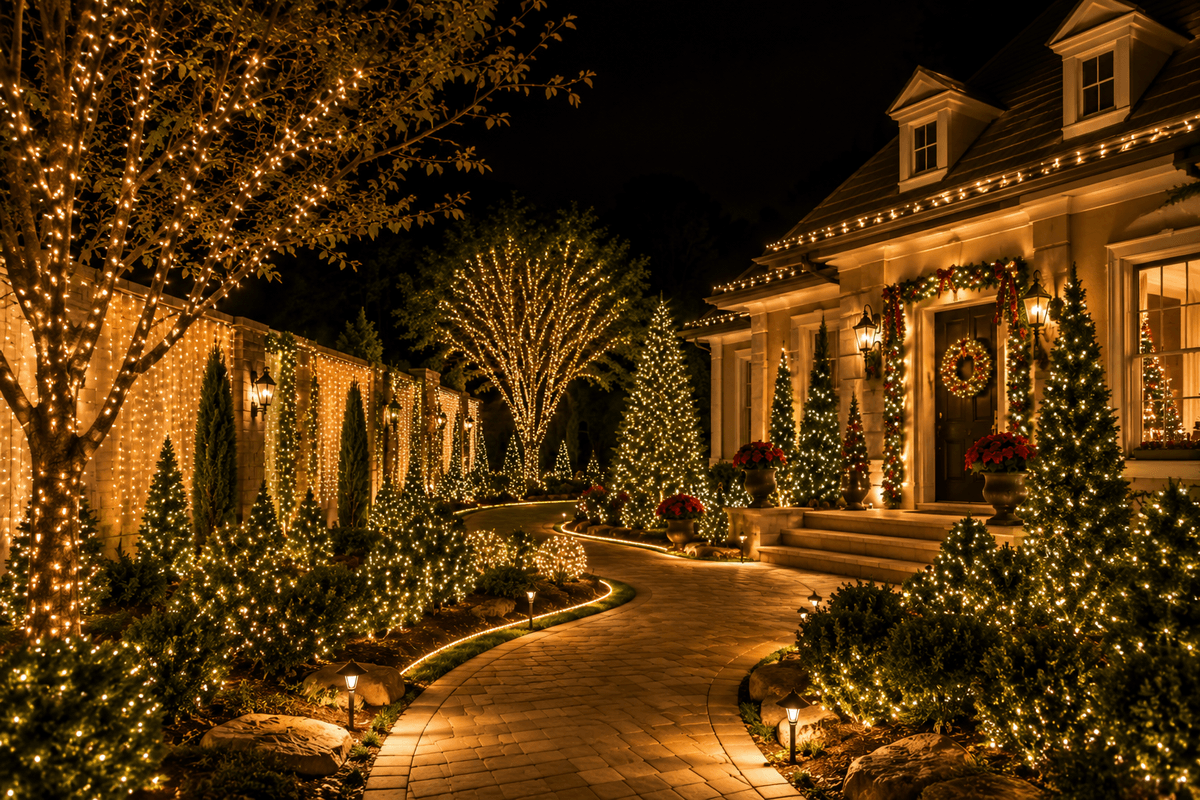 Área externa residencial completamente decorada para o Natal, com árvores iluminadas, arbustos, cascatas de LED no muro, caminho luminoso e detalhes natalinos, composição sofisticada