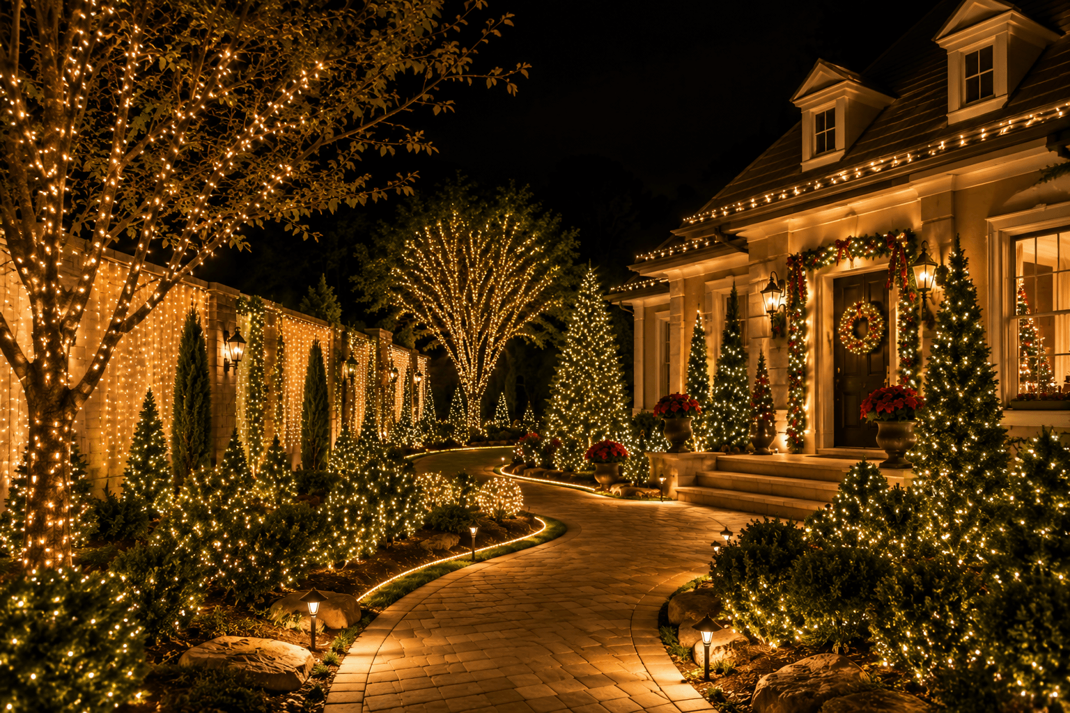 Área externa residencial completamente decorada para o Natal, com árvores iluminadas, arbustos, cascatas de LED no muro, caminho luminoso e detalhes natalinos, composição sofisticada