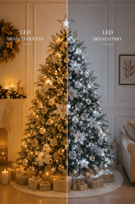 Árvore de Natal elegante mostrando a diferença visual entre iluminação LED branco quente e branco frio, com decoração sofisticada e ambiente natalino aconchegante.