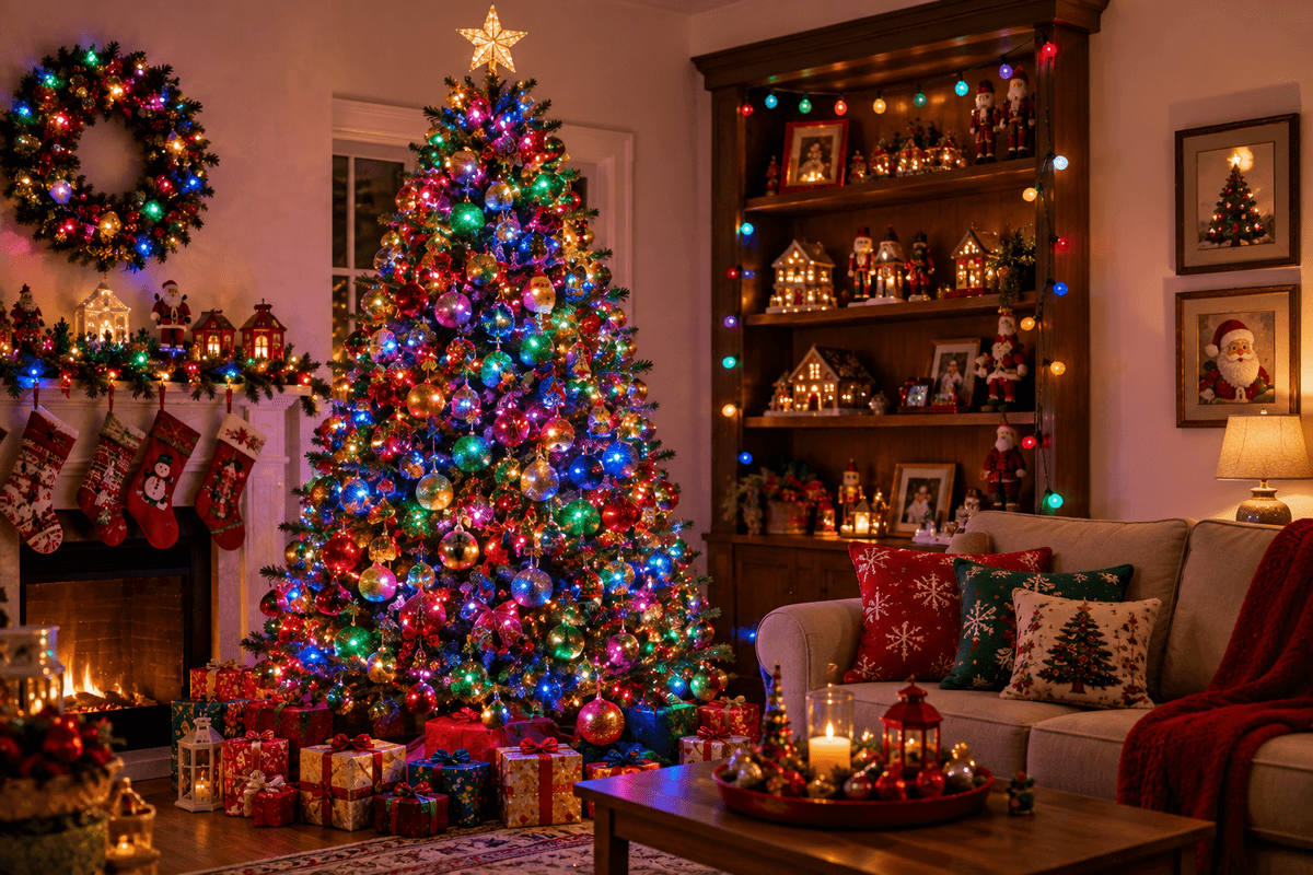Árvore de Natal alegre e vibrante iluminada com LEDs coloridos em vermelho, verde, azul, amarelo e rosa, criando uma decoração divertida e festiva.
