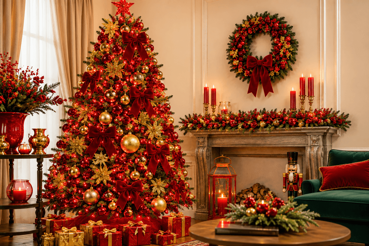 Árvore de Natal verde decorada com iluminação LED totalmente vermelha, bolas douradas e vermelhas, laços de veludo e decoração natalina sofisticada.