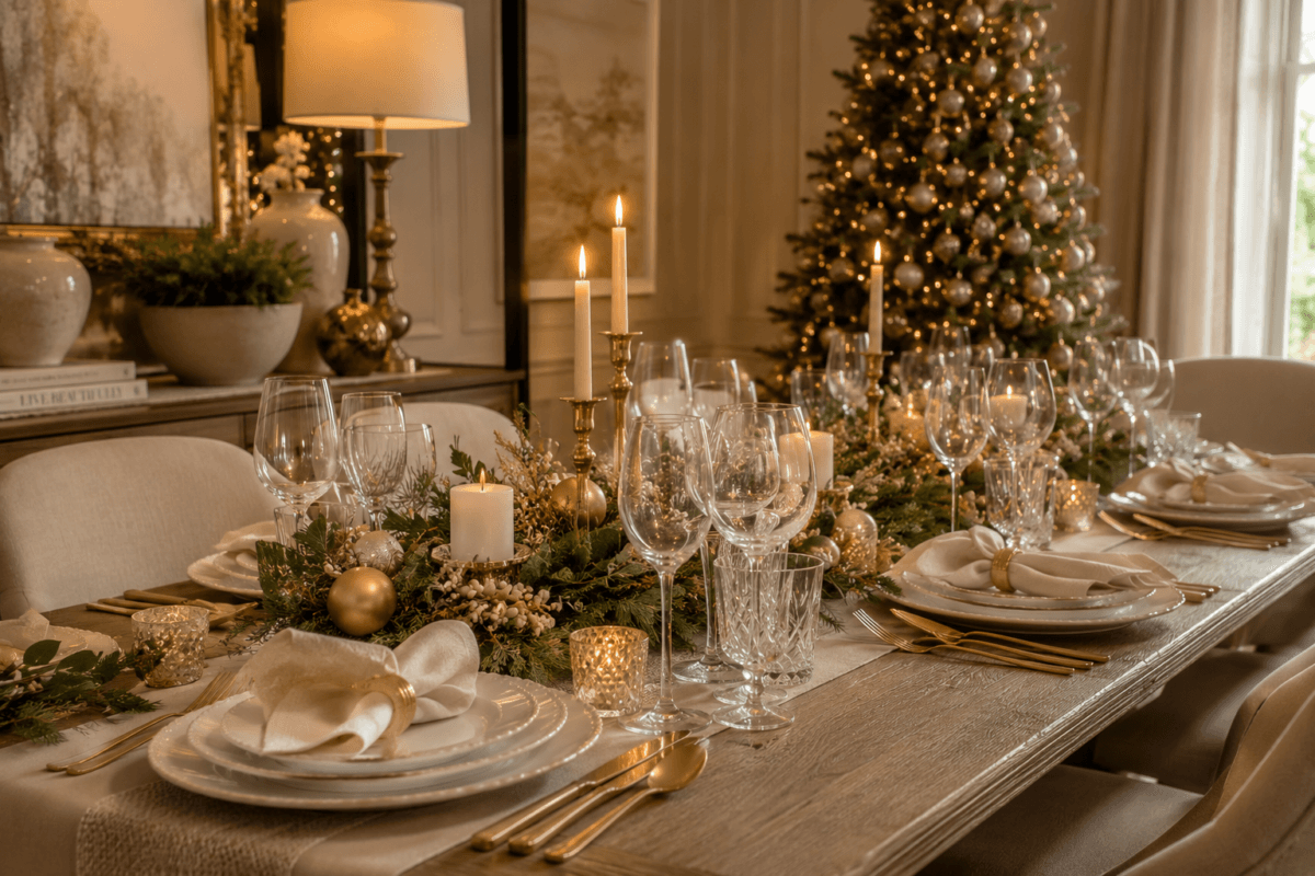 Mesa posta sofisticada com louças brancas, taças transparentes, guardanapos champagne, detalhes em dourado fosco, folhagens naturais e iluminação quente.
