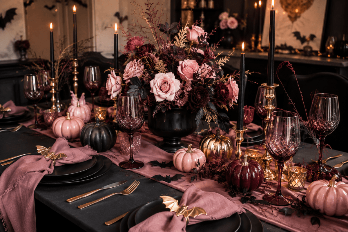 Mesa posta contemporânea para Halloween combinando rosa antigo, burgundy, preto e dourado, com flores, abóboras decorativas, taças elegantes, guardanapos de tecido e pequenos detalhes de morcegos.