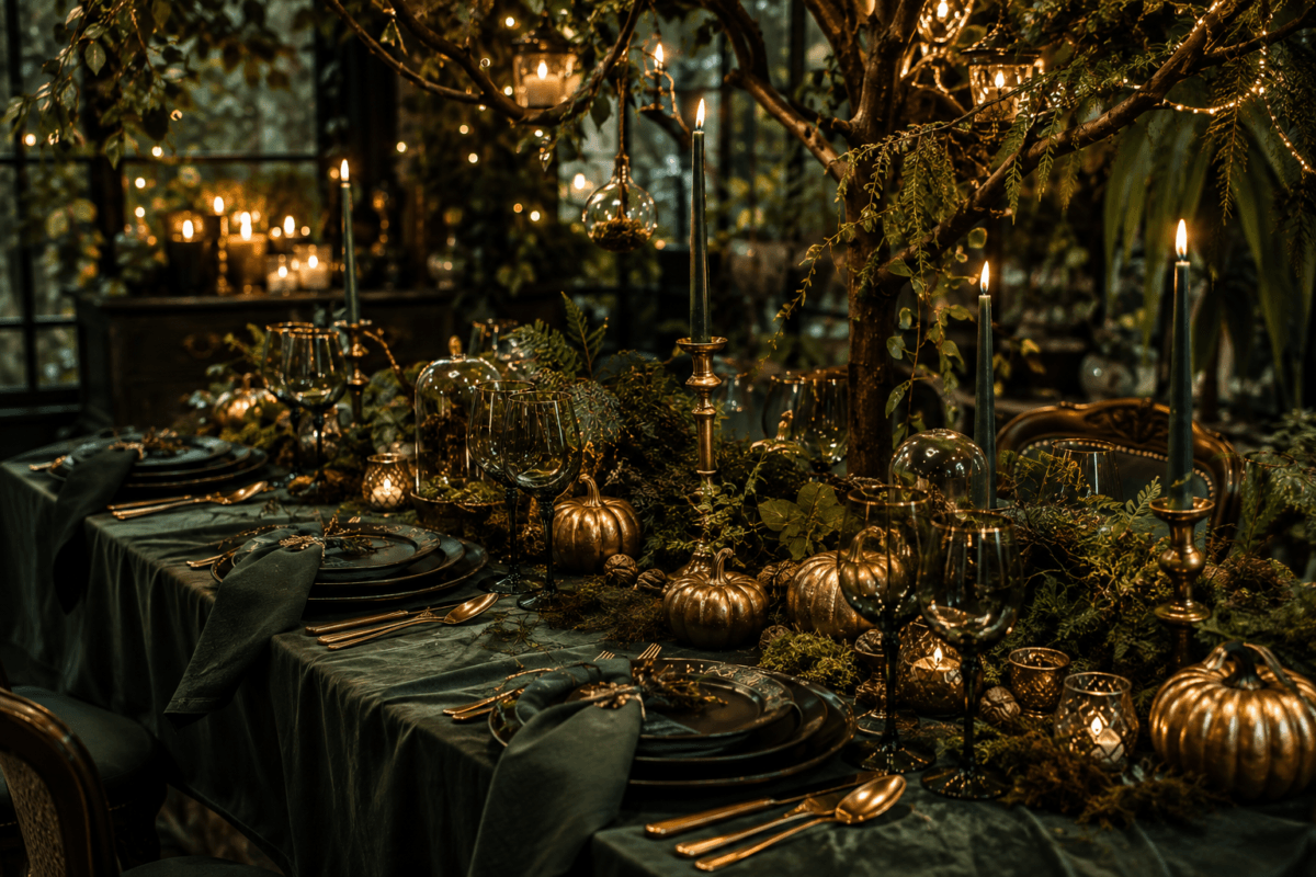 Mesa posta elegante com toalha verde-musgo escura, louças pretas, talheres dourados, folhagens naturais, pequenas abóboras douradas e iluminação quente, criando uma atmosfera de floresta encantada.