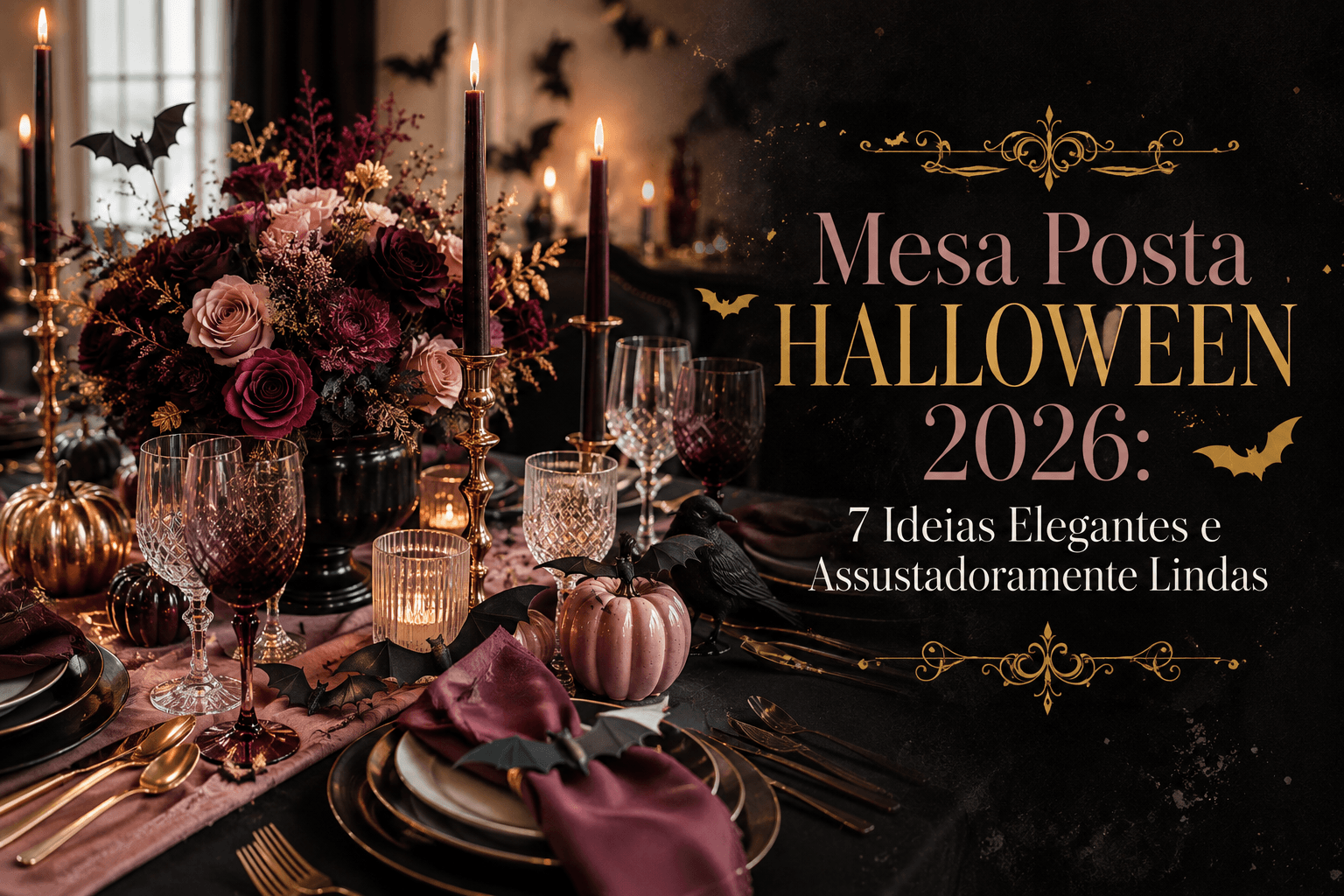 Mesa posta elegante para Halloween 2026, com louças pretas, taças em tons de vinho, talheres dourados, flores burgundy, velas, abóboras decorativas, morcegos e detalhes sofisticados em uma atmosfera aconchegante e misteriosa.