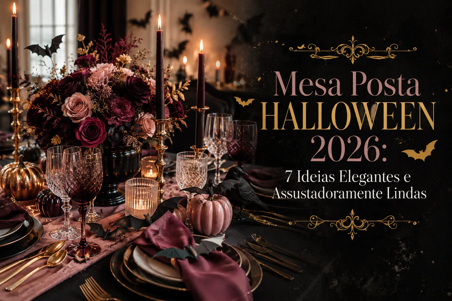 Mesa posta elegante para Halloween 2026, com louças pretas, taças em tons de vinho, talheres dourados, flores burgundy, velas, abóboras decorativas, morcegos e detalhes sofisticados em uma atmosfera aconchegante e misteriosa.