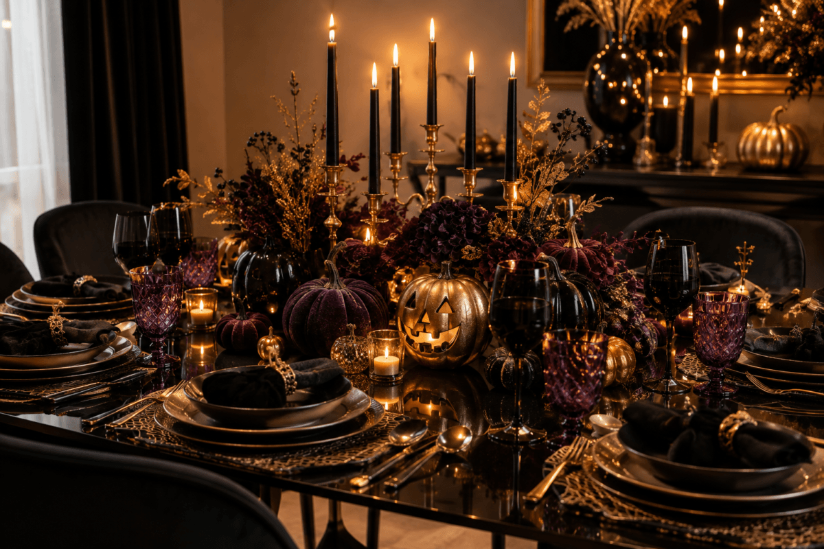 Mesa posta elegante para Halloween com abóboras em veludo, cerâmica dourada, castiçais, pratos sofisticados e decoração contemporânea.