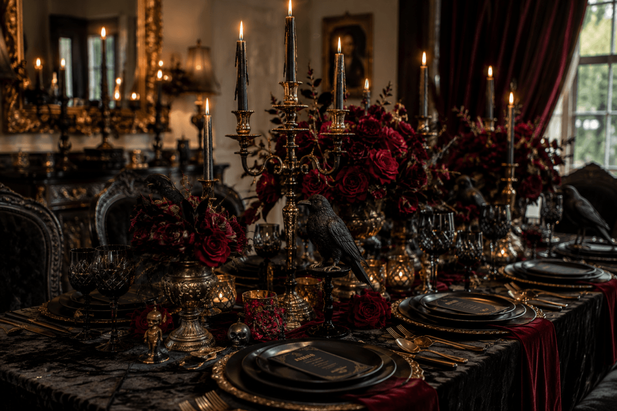 Mesa posta em estilo gótico com louças pretas, castiçais altos, veludo escuro, flores vermelhas profundas, taças vintage, detalhes dourados e pequenos corvos decorativos. Ambiente sofisticado, misterioso e elegante.