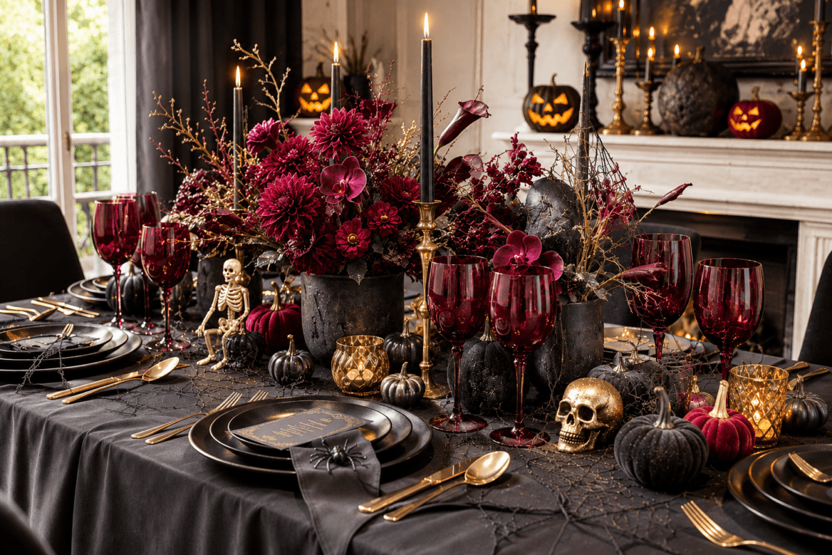 Mesa de jantar sofisticada com toalha preta, pratos pretos, taças em tom vinho, talheres dourados, flores burgundy, folhagens escuras e pequenos elementos de Halloween.
