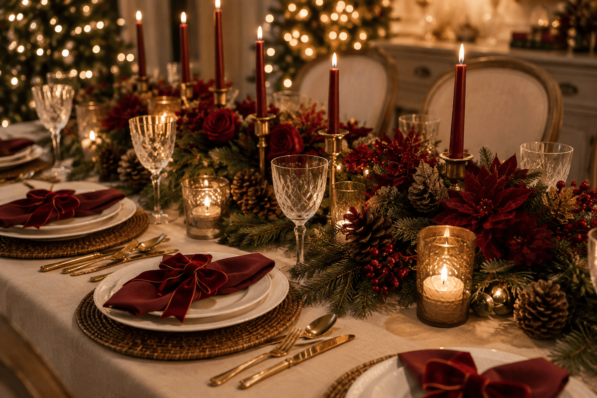 Mesa de Natal sofisticada com toalha neutra, louças brancas, guardanapos vinho presos por laços de veludo vermelho, flores marsala, folhagens verdes, pinhas, talheres dourados e iluminação quente.