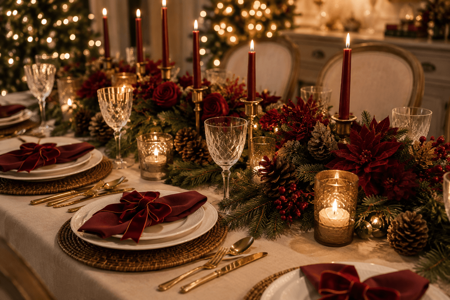 Mesa de Natal sofisticada com toalha neutra, louças brancas, guardanapos vinho presos por laços de veludo vermelho, flores marsala, folhagens verdes, pinhas, talheres dourados e iluminação quente.