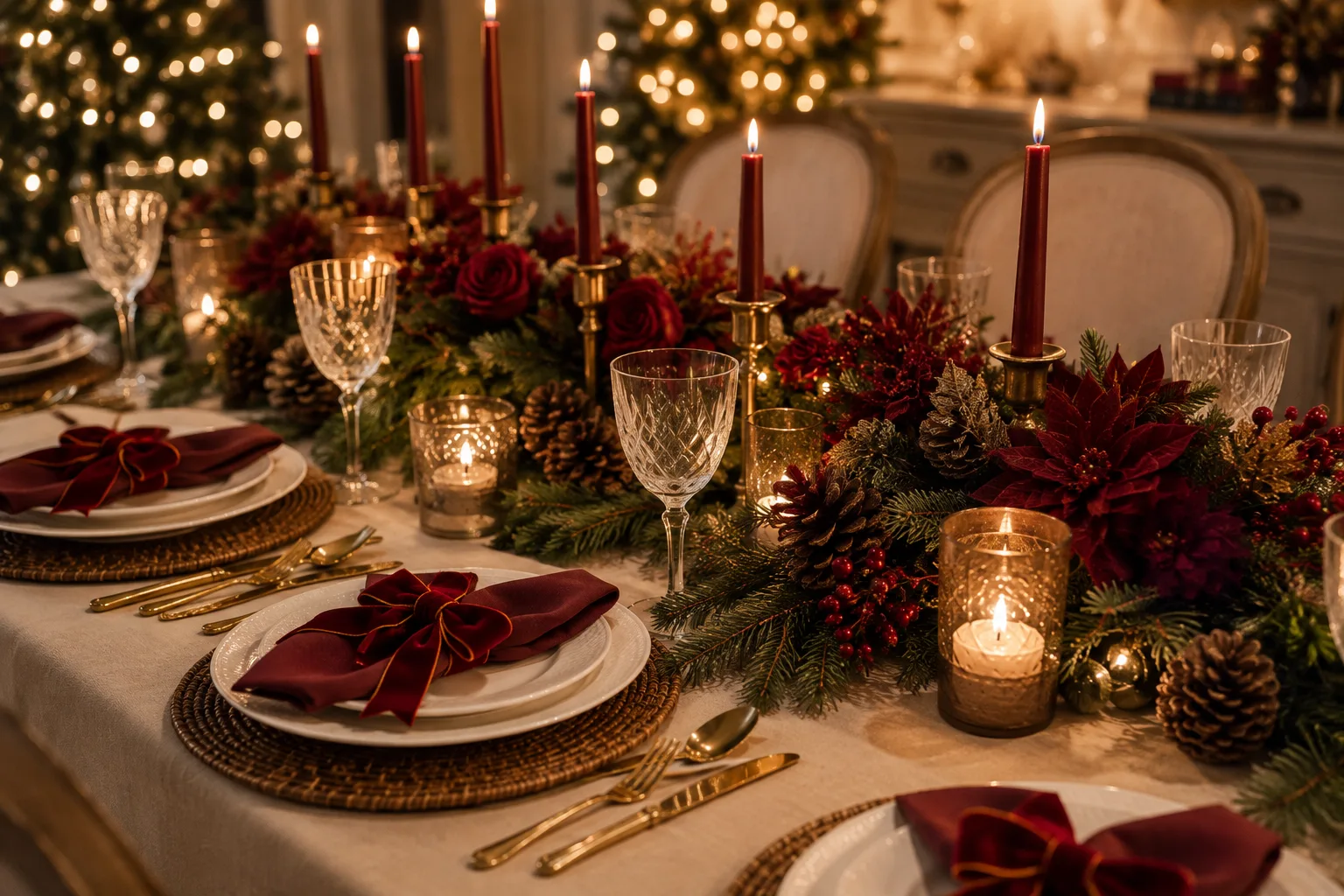 Mesa de Natal sofisticada com toalha neutra, louças brancas, guardanapos vinho presos por laços de veludo vermelho, flores marsala, folhagens verdes, pinhas, talheres dourados e iluminação quente.