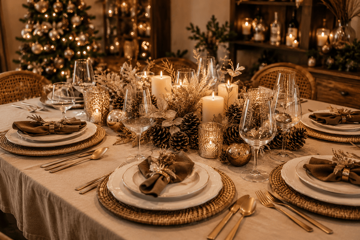 Mesa de Natal elegante com toalha bege, louças brancas, guardanapos marrons, sousplats naturais, talheres dourados foscos, taças transparentes, pinhas e detalhes champanhe.