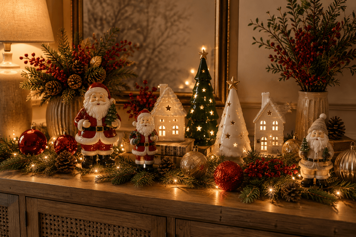 Aparador natalino sofisticado combinando figuras de resina, pequenas árvores de cerâmica, pinhas, folhagens, bolas natalinas e iluminação quente em uma decoração aconchegante.