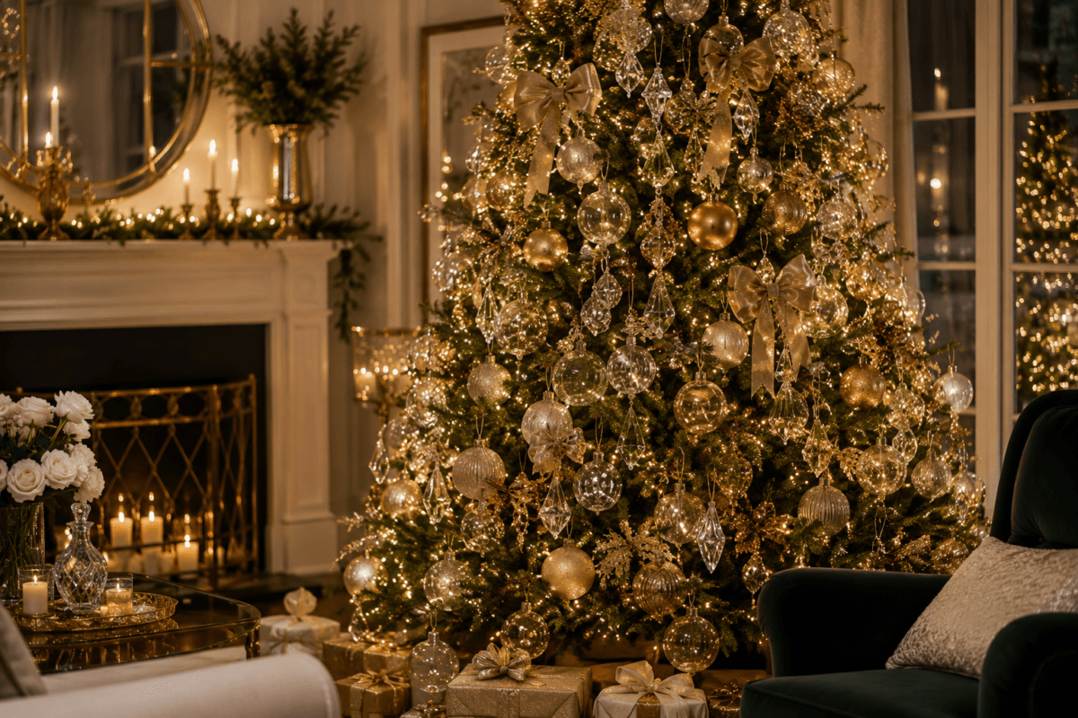 Decoração natalina elegante com cristais transparentes, ornamentos em vidro, dourado fosco, velas e detalhes sofisticados para o Natal 2026.