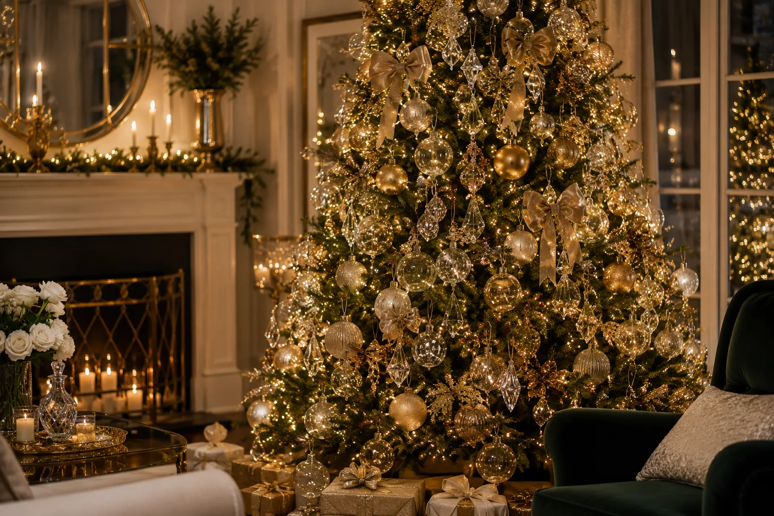 Decoração natalina elegante com cristais transparentes, ornamentos em vidro, dourado fosco, velas e detalhes sofisticados para o Natal 2026.