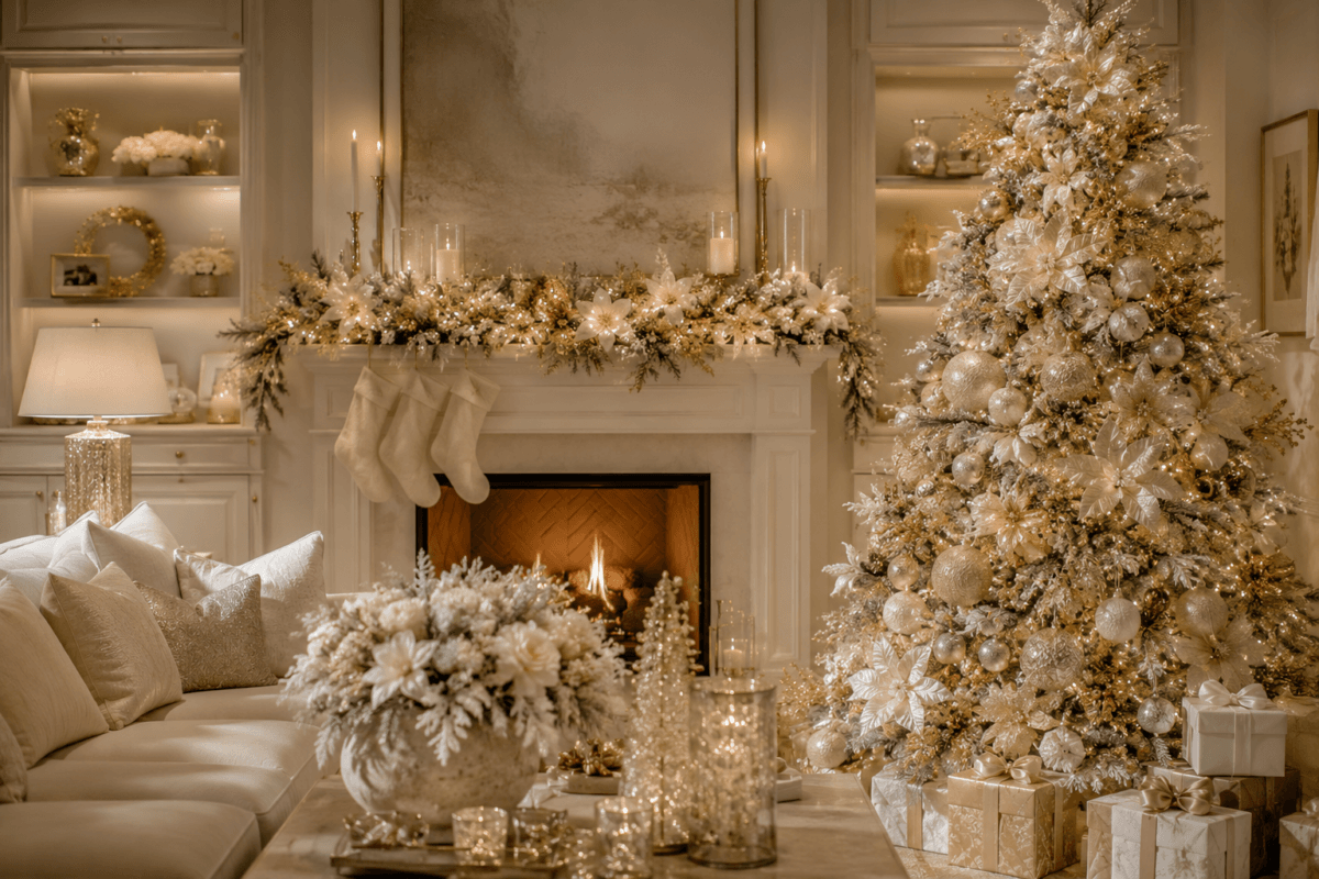 Decoração natalina sofisticada em branco, off-white e champagne, com árvore coberta por enfeites claros, flores, bolas texturizadas e iluminação delicada.
