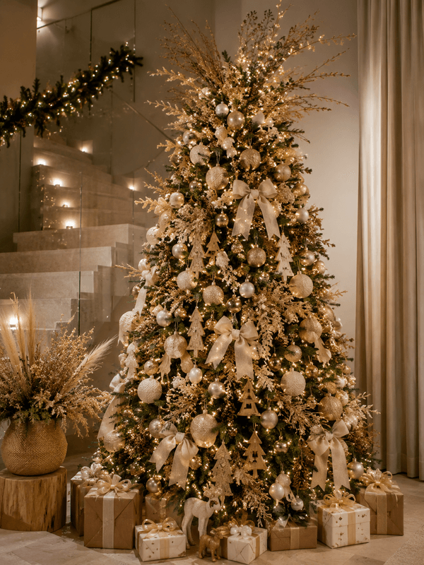Árvore de Natal sofisticada em tons de bege, off-white, champagne, dourado e verde natural, elementos de madeira, tecidos texturizados e iluminação branco quente, estética minimalista e luxuosa.
