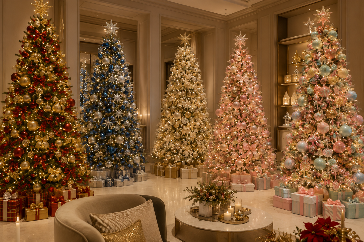 Árvore de Natal sofisticada decorada com diferentes combinações de cores, incluindo vermelho e dourado, azul e prata, tons neutros e candy colors, ambiente elegante
