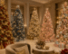 Árvore de Natal sofisticada decorada com diferentes combinações de cores, incluindo vermelho e dourado, azul e prata, tons neutros e candy colors, ambiente elegante