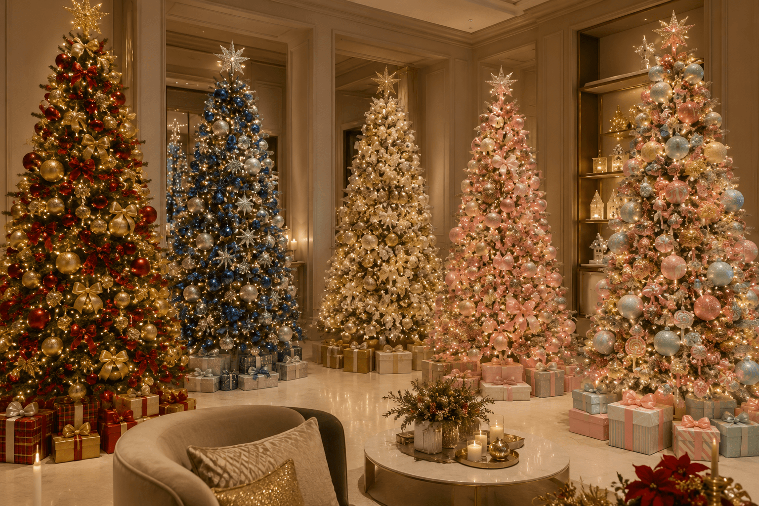 Árvore de Natal sofisticada decorada com diferentes combinações de cores, incluindo vermelho e dourado, azul e prata, tons neutros e candy colors, ambiente elegante