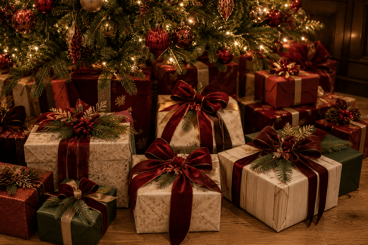 Presentes natalinos sofisticados em papéis vermelho, creme e verde-pinho, decorados com grandes laços de veludo vermelho, vinho e marsala, pequenos ramos de pinheiro e detalhes dourados, dispostos ao redor de uma árvore de Natal elegante.