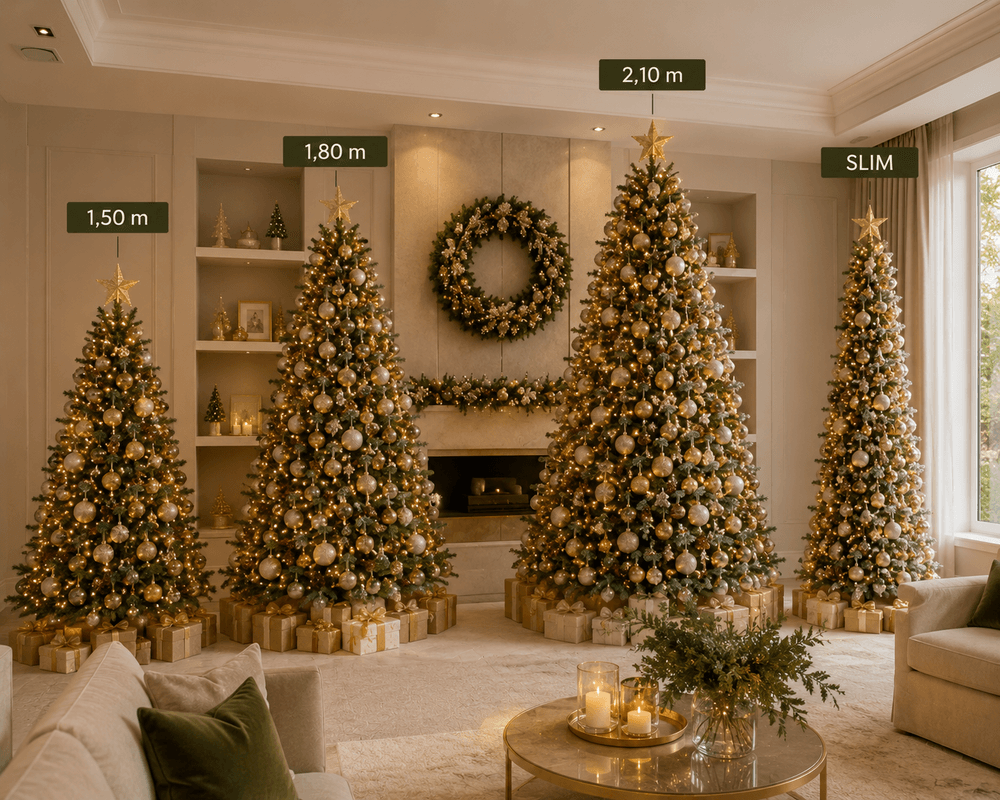 Sala de estar elegante mostrando árvores de Natal de diferentes tamanhos em comparação visual, incluindo modelos de 1,50 m, 1,80 m, 2,10 m e uma árvore slim, decoração natalina sofisticada.
