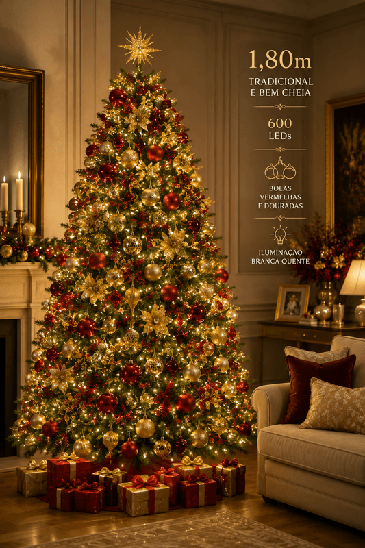 Árvore de Natal de 1,80 metro, tradicional e bem cheia, com aproximadamente 600 LEDs distribuídos entre os galhos, iluminação branca quente, bolas vermelhas e douradas, ambiente elegante.