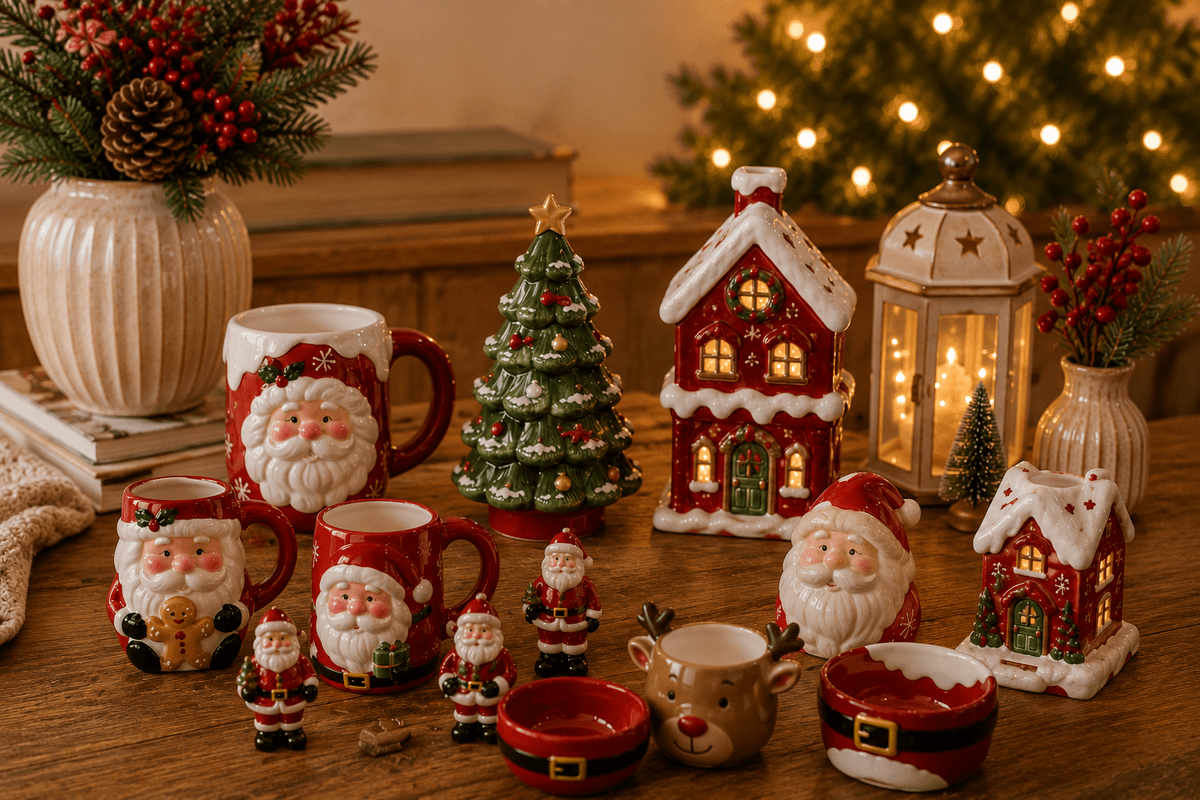 Composição elegante mostrando lado a lado diferentes peças natalinas de resina e cerâmica, incluindo Papai Noel, árvore, casinha e pequenos enfeites, sobre uma mesa de madeira.