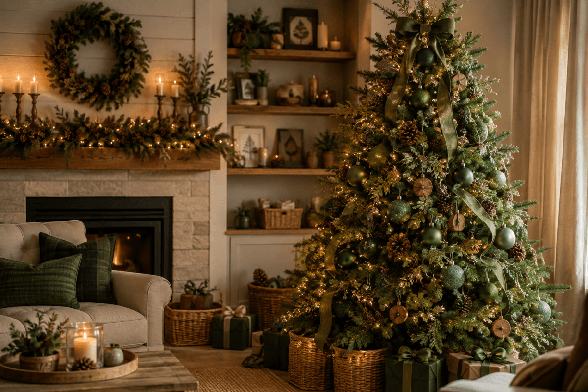 Árvore de Natal decorada em verde-floresta, verde-musgo e madeira natural, com pinhas, galhos, fitas de tecido e iluminação quente em um ambiente aconchegante.
