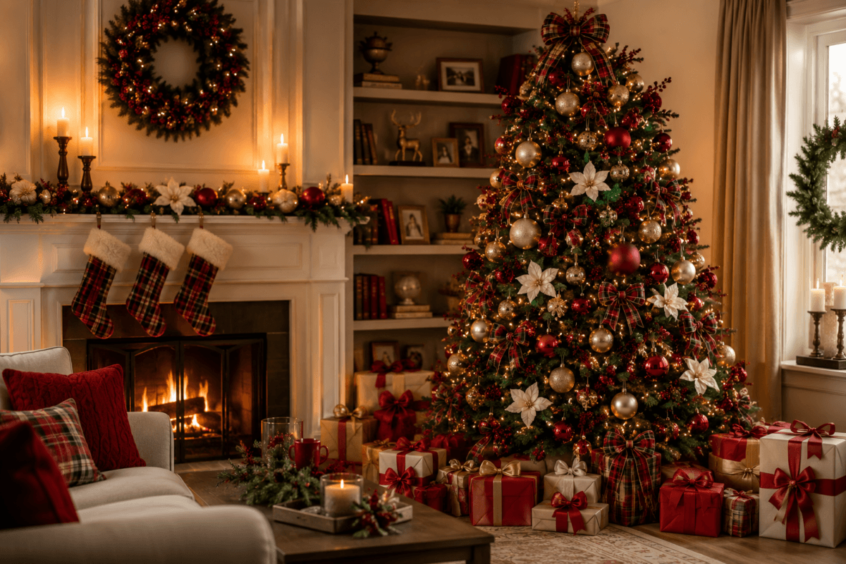 Árvore de Natal clássica combinando vermelho profundo, branco, dourado fosco e elementos xadrez, com presentes coordenados ao redor e ambiente familiar elegante.