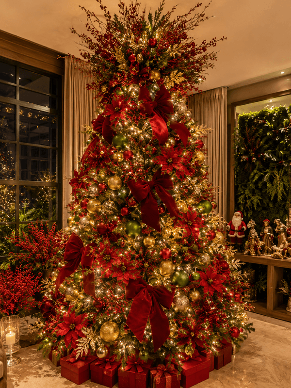 Árvore de Natal tradicional com bolas vermelhas, douradas e verdes, grandes laços de veludo vermelho, flores natalinas e iluminação branco quente, decoração sofisticada e abundante.