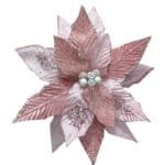 Flor de Natal Rosa Rose Gold em veludo e glitter com acabamento premium, perfeita para decorar árvores de Natal, guirlandas e arranjos sofisticados.