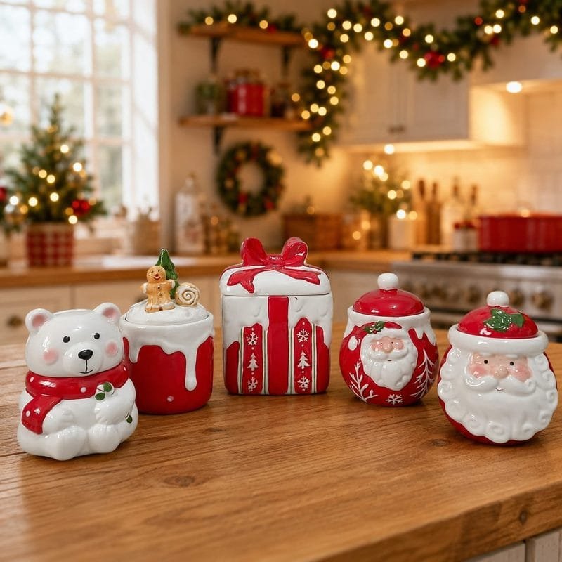 Composição de peças natalinas de cerâmica esmaltada em tons de branco, vermelho e dourado, incluindo Papai Noel, pequenas casas e árvores sobre um aparador elegante.