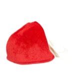 Boné natalino em tecido aveludado com toque macio e formato divertido do rosto do Papai Noel para crianças e adultos.