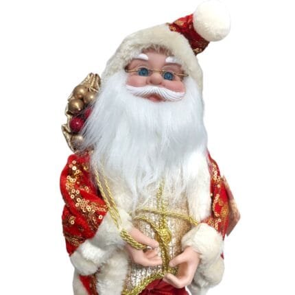 Papai Noel decorativo musical com chave de corda nas costas, movimento de cabeça e roupas detalhadas em tecido premium.