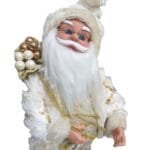 Papai Noel musical de 45 cm com movimento de cabeça, acionamento por chave de corda e roupas em tecidos premium para decoração natalina.