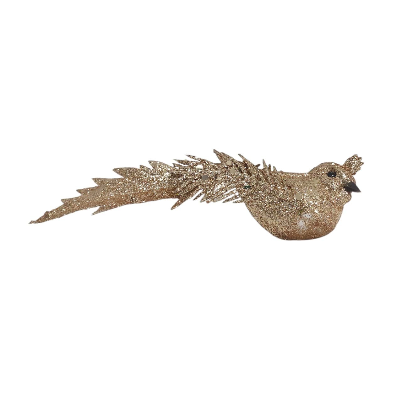 Duo de Passarinhos Champanhe com Presilhas para Árvore de Natal Conjunto com dois passarinhos decorativos na cor champanhe, acabamento em glitter, cauda longa e presilhas metálicas para fixação em árvores e arranjos natalinos.