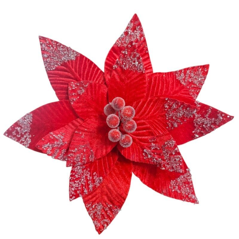 Flor de Natal Poinsétia na cor vermelho vinho marsala em veludo, ideal para decorar árvores, guirlandas e arranjos natalinos sofisticados.