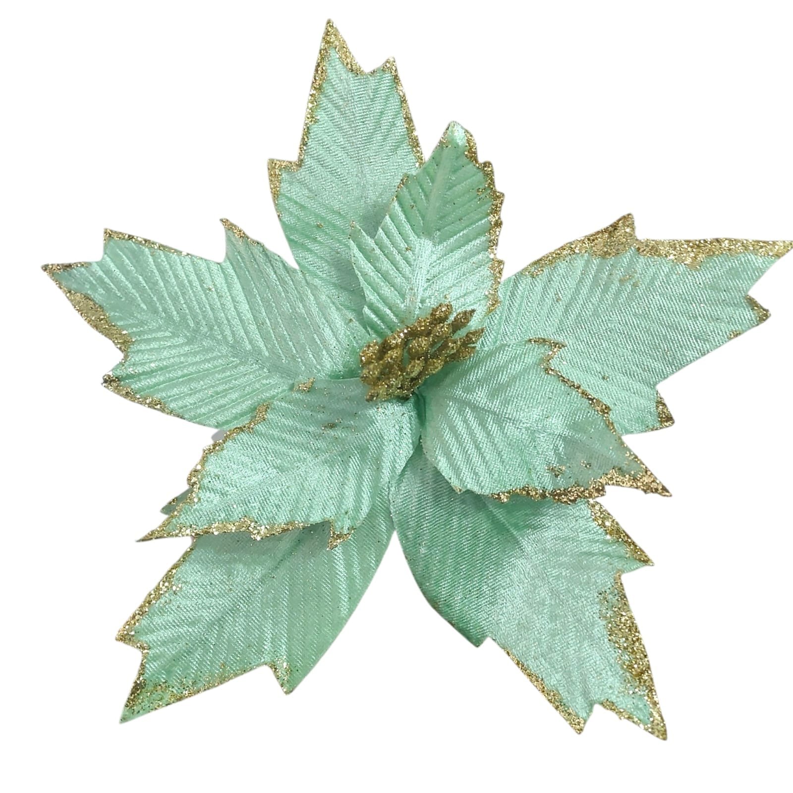 Detalhes da Flor Poinsétia Verde Decorativa Close das pétalas da Flor Poinsétia Verde evidenciando a textura do tecido, o acabamento e a qualidade dos detalhes decorativos.