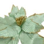 Vista frontal da Flor Poinsétia Verde Decorativa, ideal para árvores de Natal, guirlandas, festões e arranjos natalinos.