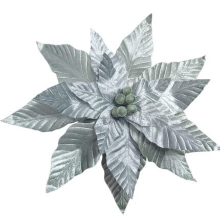 Flor de Natal Poinsétia com acabamento luxuoso em tons prata e branco, ideal para árvore de Natal, guirlandas e arranjos decorativos. Imagem 2